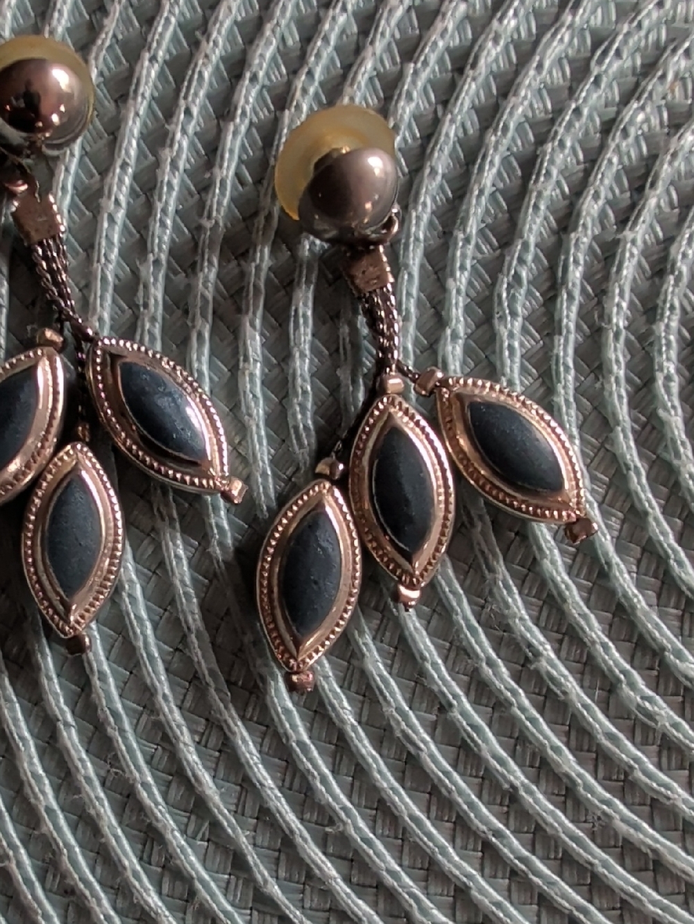 Vintage Gold-Tone Drop Earrings with Dark Blue Marquise Inlays